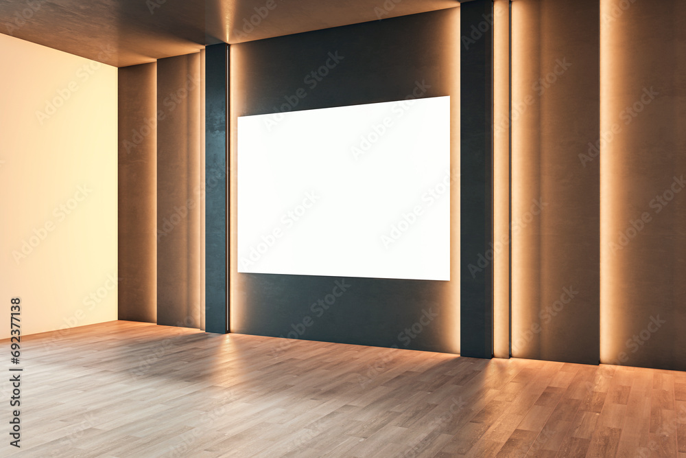 Aufkleber modern empty gallery room interior with white mock up billboard on illuminated dark wall. 3d renderi