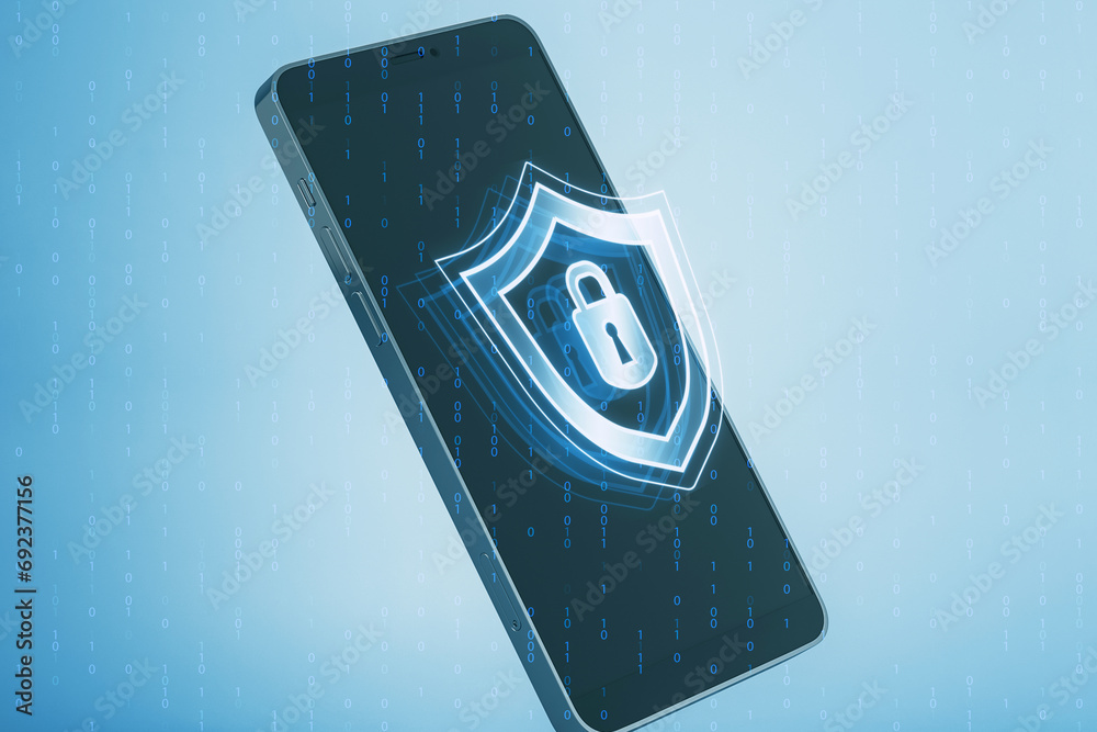 Aufkleber Close up of smartphone with creative digital security padlock and shield hologram on blurry binary code background. Secure, safety and identification concept. 3D Rendering.