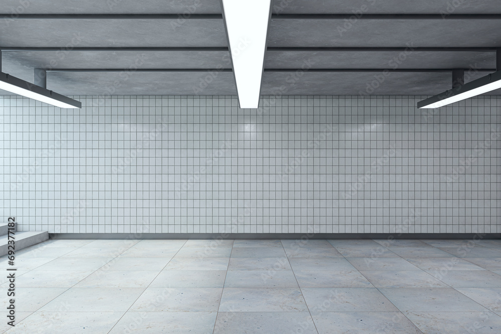 Aufkleber light underground passage with ceiling lamps and stairs. mock up place. subway tile wall. 3d renderi