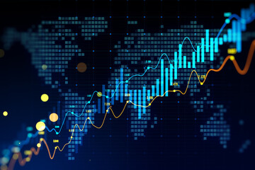 Glowing candlestick forex chart on blurry blue backdrop with map. Trade, finance and stock concept. 3D Rendering.