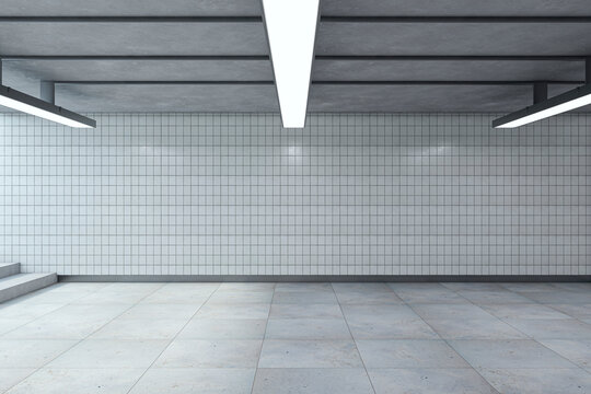 Light underground passage with ceiling lamps and stairs. Mock up place. Subway tile wall. 3D Rendering.
