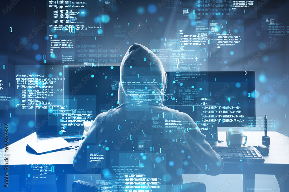 Poster Back view of hacker using laptop at desk with creative binary coding hologram on blurry background. Software programming code and hacking. Double exposure.
