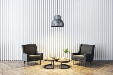 Chic waiting area with grey armchairs and vertical striped wall. Design elegance. 3D Rendering