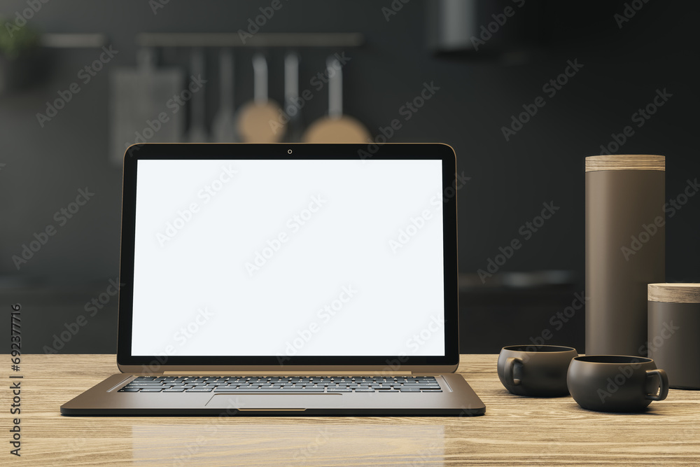 Poster laptop on wooden kitchen table with space for design mockup. 3d rendering