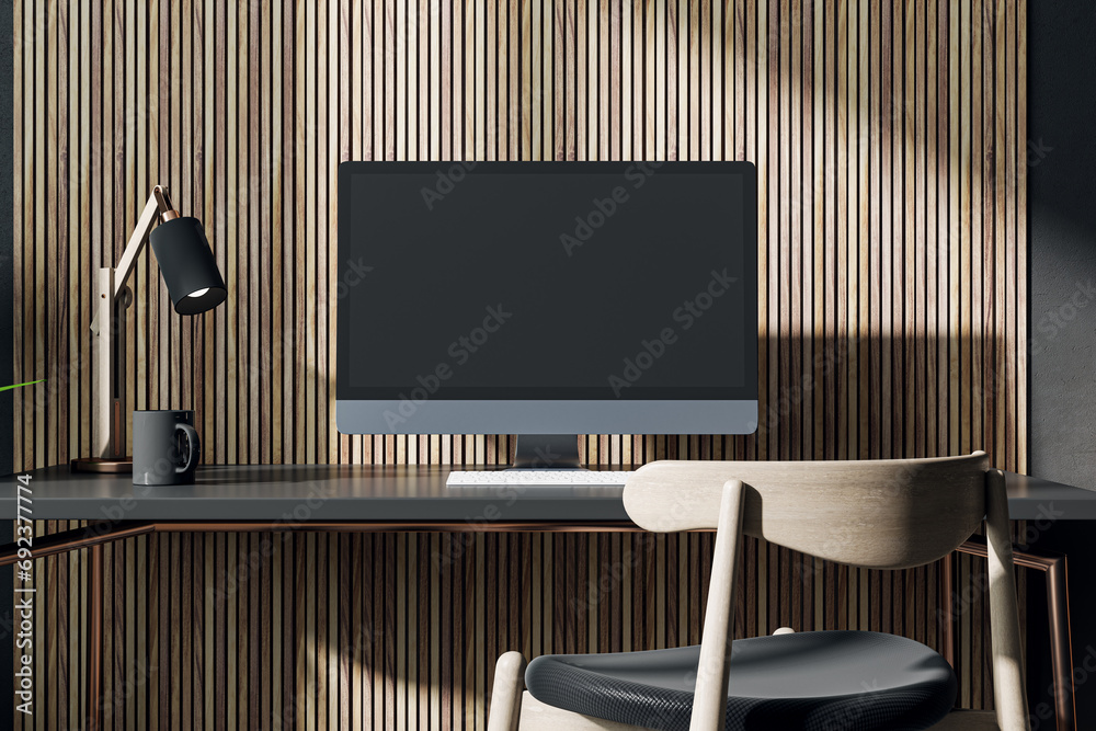 Aufkleber hardwood designer office interior with empty computer monitor, lamp and other items. decorative wood