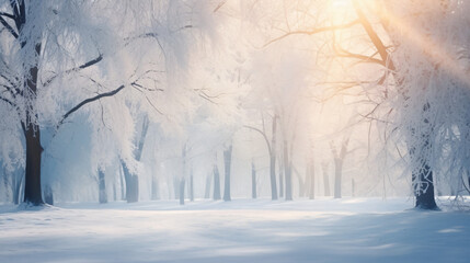 Landscape in a winter park snow falling light background