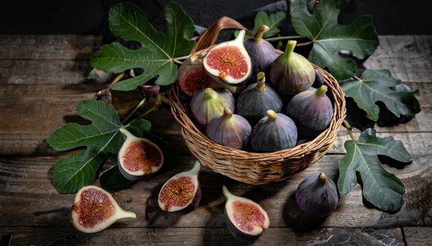 Cesto com figos frescos em mesa de madeira r&uacute;stica