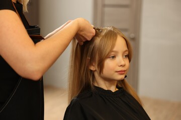 Fototapeta premium Professional hairdresser braiding girl's hair in beauty salon