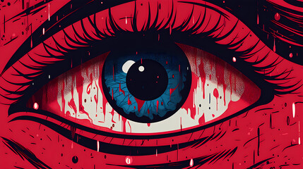 Illustration depicting the concept of eye fatigue and strain with prominent red hues, symbolizing discomfort and tiredness often associated with prolonged screen time or intense focus.