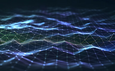 Data technology abstract futuristic illustration . Low poly shape with connecting dots and lines on dark background. 3D rendering . Big data visualization .