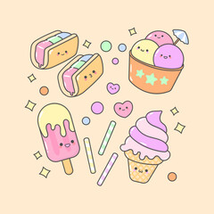 Vector Ice Cream Sundae Cone with cute facial expressions and pastel colour
