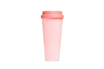 Pink thermos glass for tea or coffee on white background, clipping path