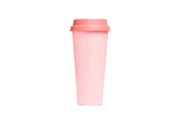 Pink thermos glass for tea or coffee on white background, clipping path