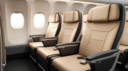 Empty commercial plane cabin with neat rows of seats, sleek dark upholstery, polished metal armrests, and large clean windows. Soft lighting creates a serene atmosphere