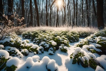 Snow-kissed petals of exquisite flowers in a serene forest setting, capturing the ethereal beauty that unfolds when winter embraces nature's delicate creations