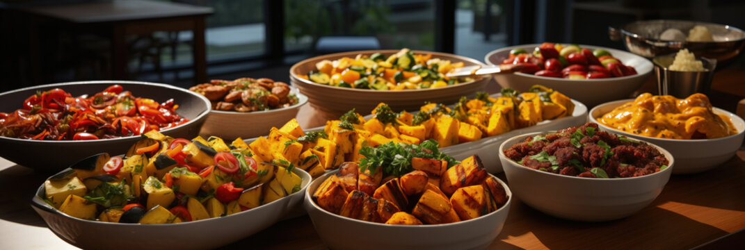 Variety filled neighborhood potluck with a selection of communal dishes