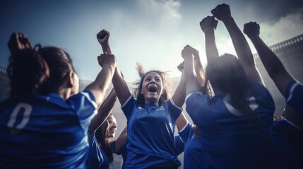 A group of girls a female football sports team in blue uniform cheering because of victory in a game after making a goal at the stadium or a soccer field