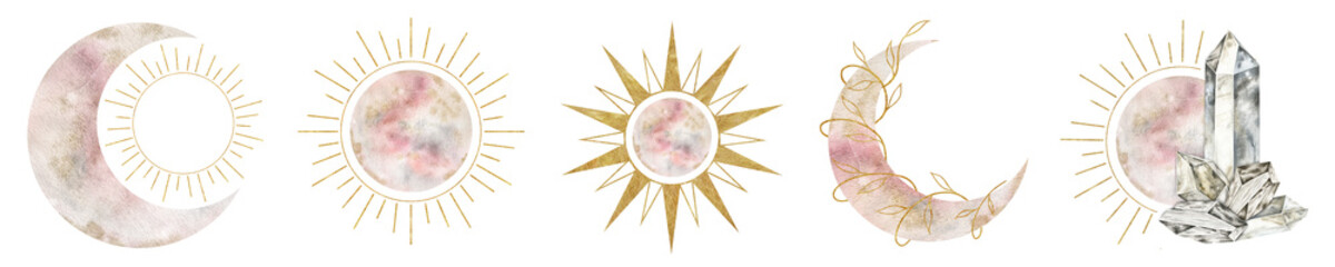 Set of crescent moon, sun, floral elements. Moon, sun and. Isolated watercolor illustration on the topic of astrology and esotericism. Magic celestial clipart for design, print, fabric or background