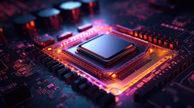 A macro image of a processor or a graphic card, technological device storing memory, hardware close up, neon led lights