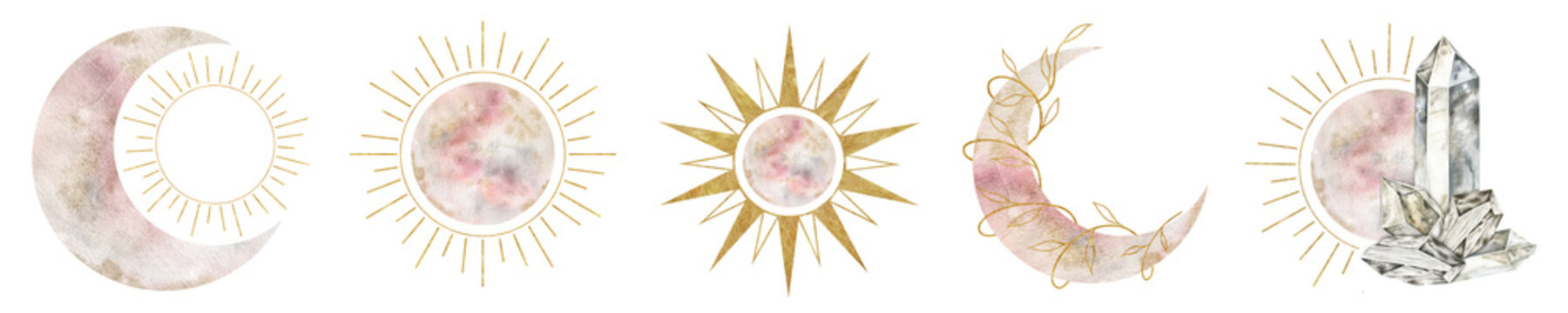 Set of crescent moon, sun, floral elements. Moon, sun and. Isolated watercolor illustration on the topic of astrology and esotericism. Magic celestial clipart for design, print, fabric or background