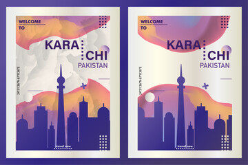 Karachi city poster pack with abstract skyline, cityscape, landmark and attraction. Pakistan travel vector illustration layout set for vertical brochure, website, flyer, presentation - obrazy, fototapety, plakaty