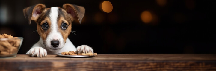 Jack Russell Terrier Feeding Directly at the Table - obrazy, fototapety, plakaty
