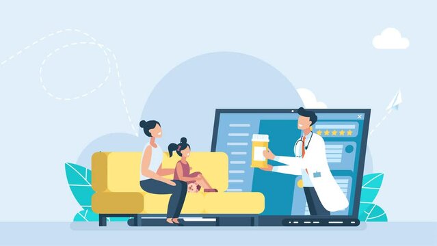 Application on laptop for remote medical assistance. Remote medicine. Doctor online. Mom and daughter, with a doctor via video conference. Woman with a child at an online appointment with pediatrician