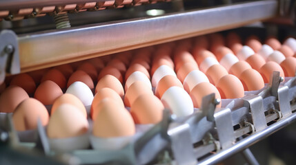 Eggs on conveyor in processing plant. Industrialized food production and technology. - obrazy, fototapety, plakaty