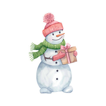 Watercolor snowman in red hat and mittens, with green scarf, holding a gift box. Winter holiday illustration hand drawn on white background.