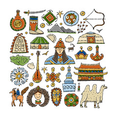Mongolia. Landmarks, people, culture and food. Poster art for your design. For print, ads, social networks etc