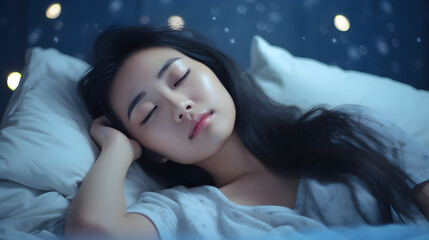  Tired woman lying in bed can't sleep late at night with insomnia. Asian girl with funny face sick or sad depressed sleeping at home. Generative AI.