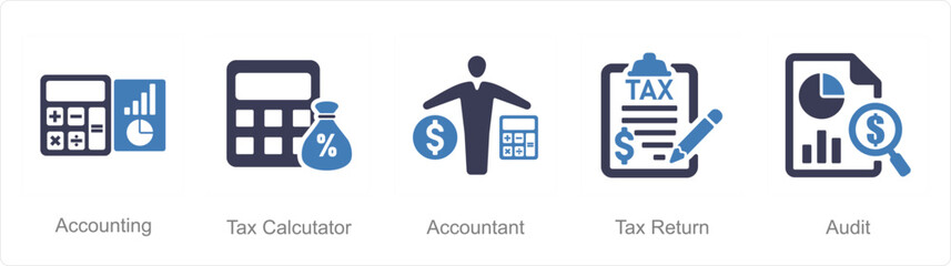 A set of 5 accounting icons as accounting, tax calculator, accountant - obrazy, fototapety, plakaty