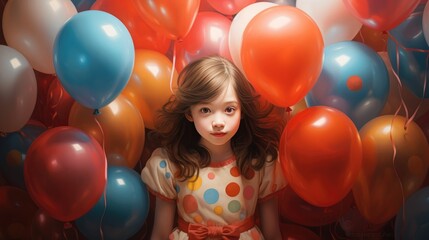 Fototapeta na wymiar A little girl with a bunch of balloons of different colors. Design a greeting card or a birthday invitation.