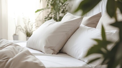 Close up Bed pillow detail element home interior contemporary bedroom with white soft bed pillow...