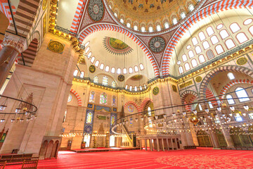 Fototapeta na wymiar Istanbul, Turkey - Aug 1, 2023: Suleymaniye Mosque is a architectural marvel that represents the grandeur of the Ottoman Empire. It features magnificent domes and tall minarets, built Sultan Suleyman.