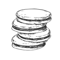 Hand drawn vector glazed with chocolate cookies illustration. Topping biscuits filled with cream, crema. Pastry design template for menu, ad, label