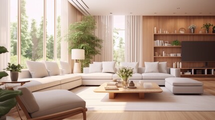 Contemporary home interior design concept beautiful living room design in natural color scheme with bright and clean cosy comfort house beautiful design background