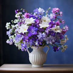 Purple blue and white flowers in a vase. High angle