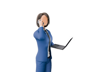 3D rendering of a stylized character businesswoman in a blue suit, talking on the phone and using a laptop, showcasing effective multi-tasking and communication skills, isolated on a white background.