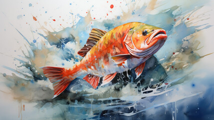Watercolor fish painting art, fishing concept art 