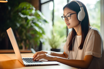 Young asian woman wearing headset while working on computer laptop at house. Work at home, Video conference, Video call, Student learning online class. Generative AI.