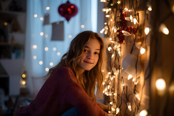Young woman decorating loft with fairy lights. Generative AI.