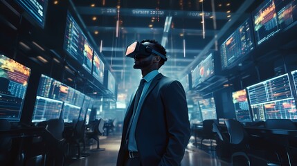 A financial analyst using virtual reality technology to visualize stock market data in a 3D environment, exploring trends and patterns.