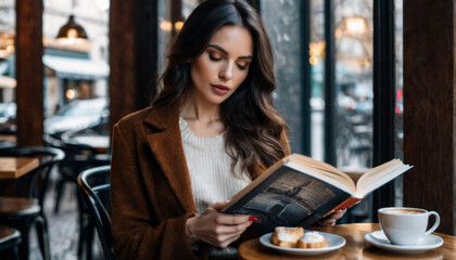 Beautiful brunette woman reading a book at cafe during winter