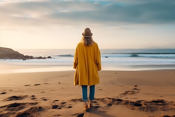 Young woman tourist in a yellow coat walks along the seashore, enjoys the seascape at sunset. Travel, tourism concept. Generative AI.