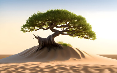 Bonsai tree in desert sand dune, Generative AI