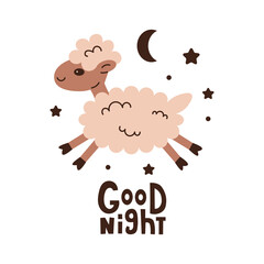 Good night lettering with sheep and stars. Bedroom and pajama print with cute fluffy animal and sleep, slumber elements, handwritten text. Vector illustration on white background