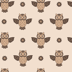 Owl and Flowers seamless pattern. Elegant doodle repeat background with cute ethnic birds. Brown and beige colors and nature elements. Vector illustration.