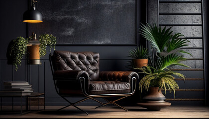 Style loft interior with leather armchair on dark cement wall. Generative AI.