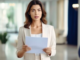 Confidence business woman practice reading script for interview or presentation at home.